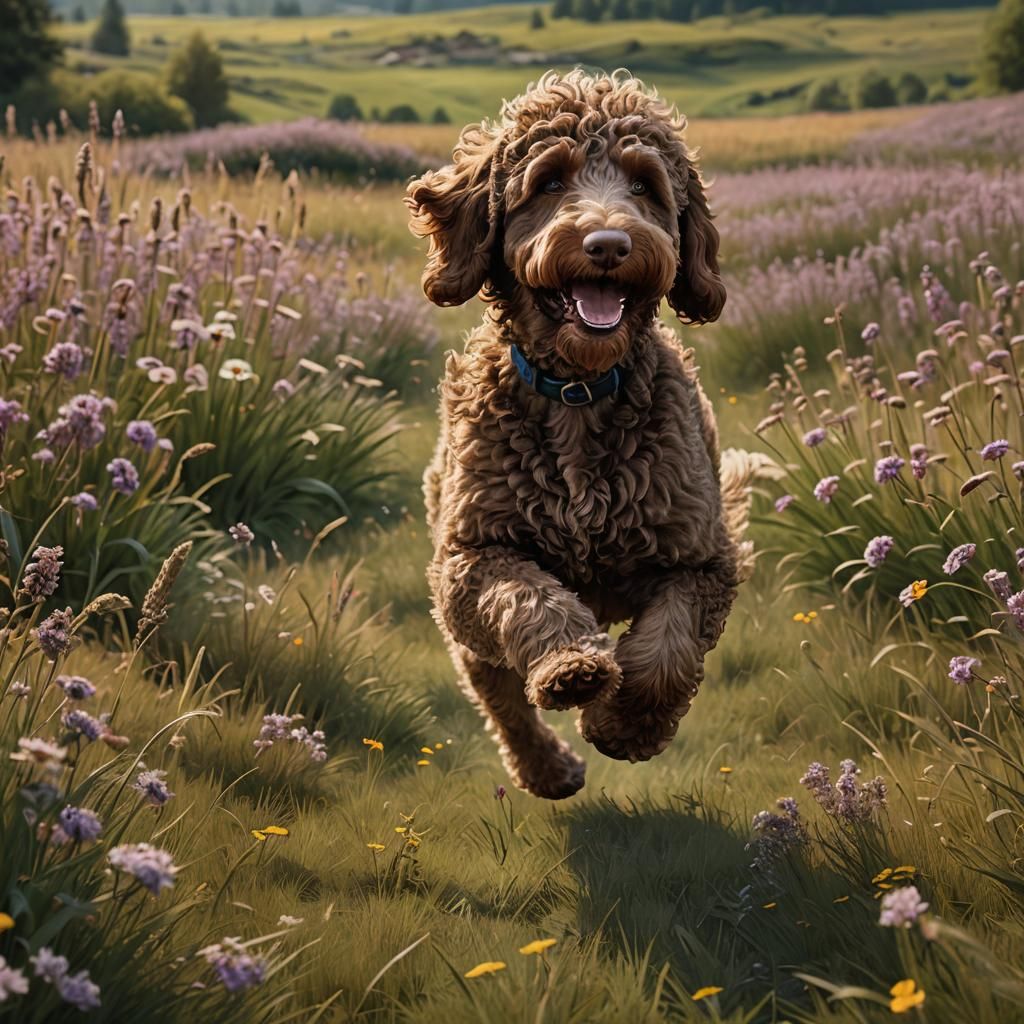 Labradoodle Runs Through a Beautiful Meadow