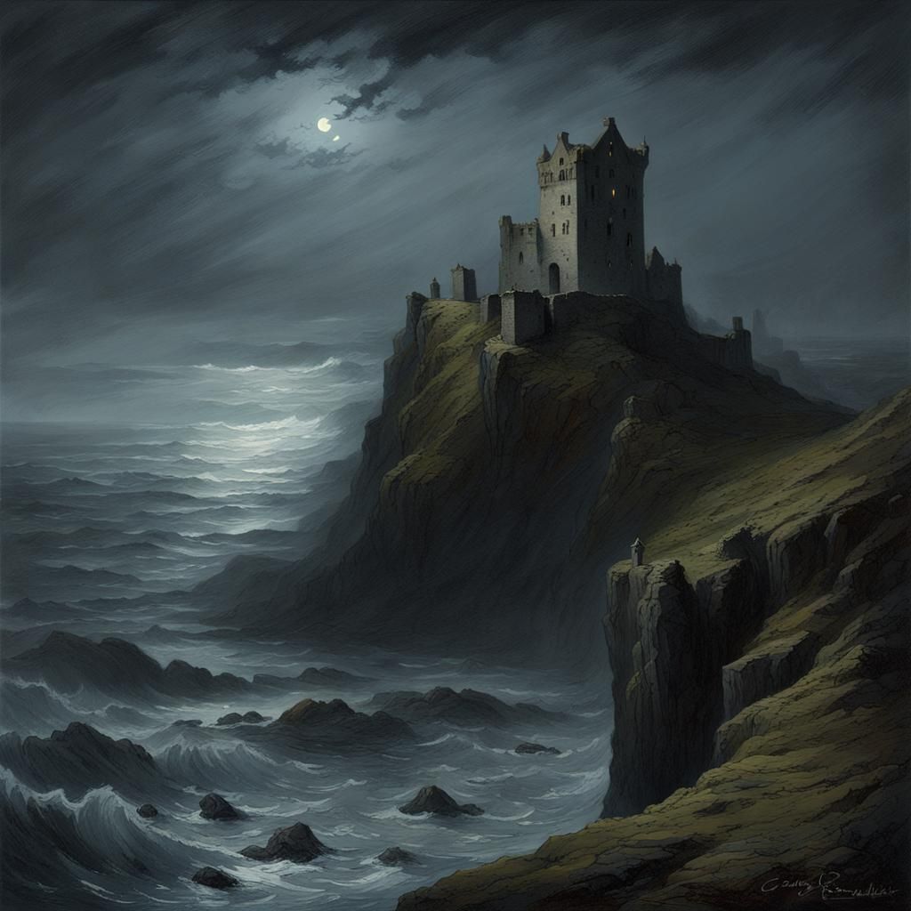 Spooky Ruined Castle on Cliff Under Starry Sky