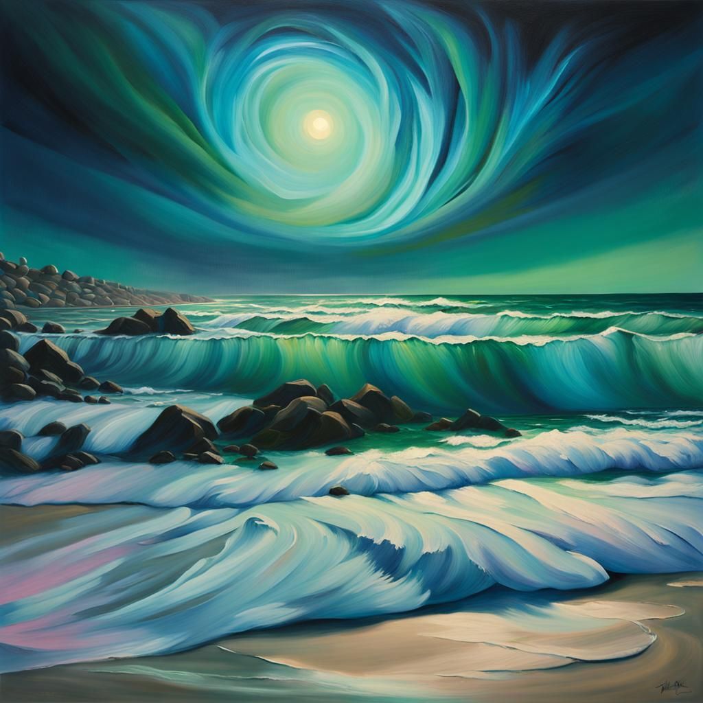 Glowing Waves on California Beach in Surrealist Style