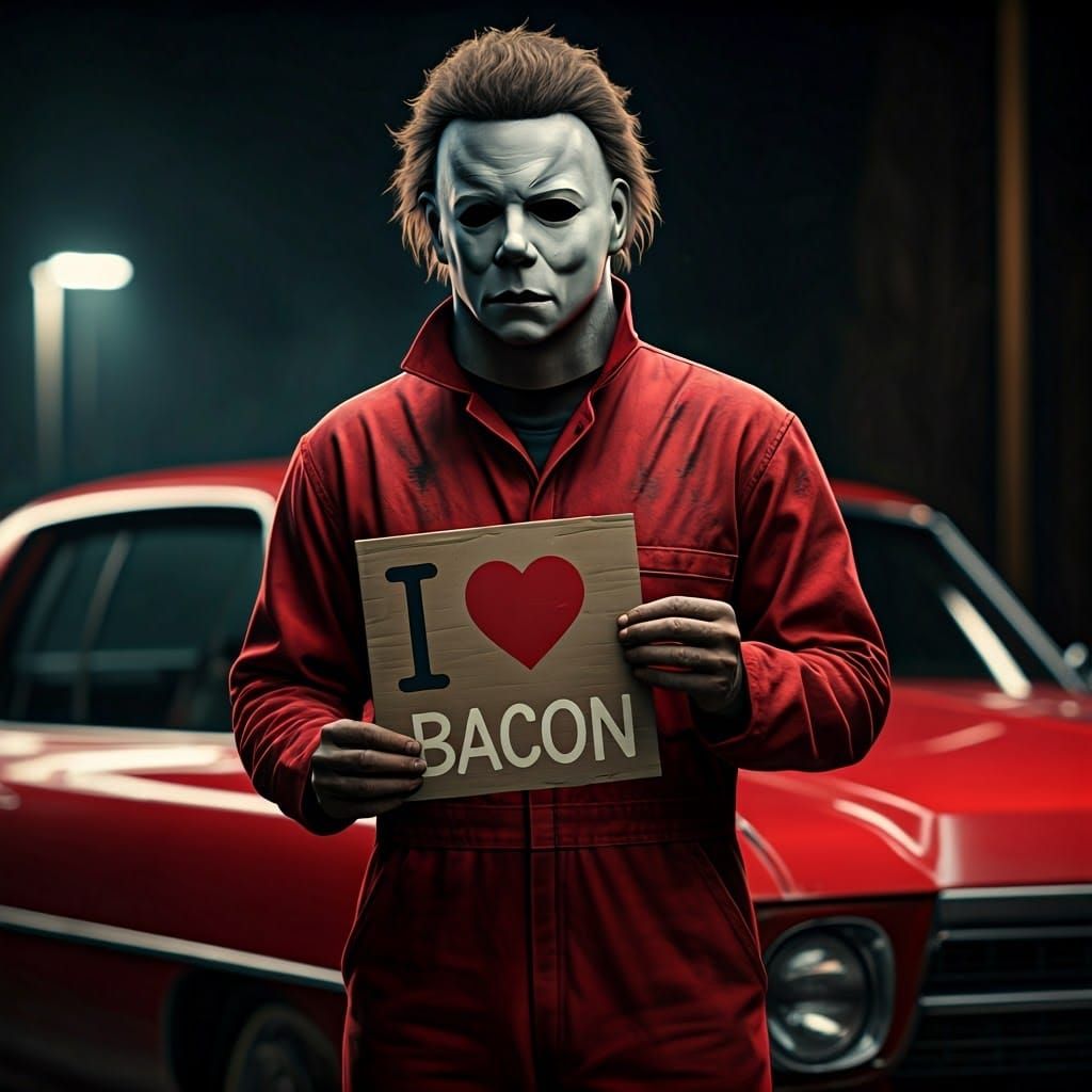 Michael Myers Portrait With Bacon Sign in Red
