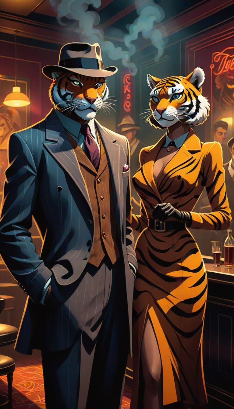 Tiger Detective in Smoky Jazz Club, Cel-Shaded Cartoon