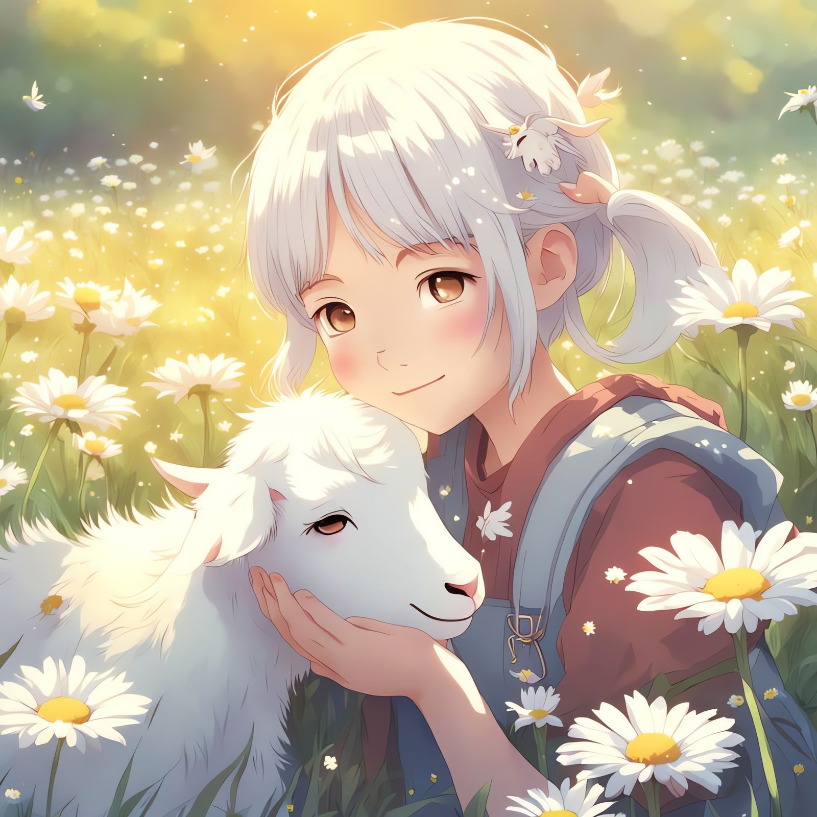 Girl and Goat in Daisy Field: Anime Style