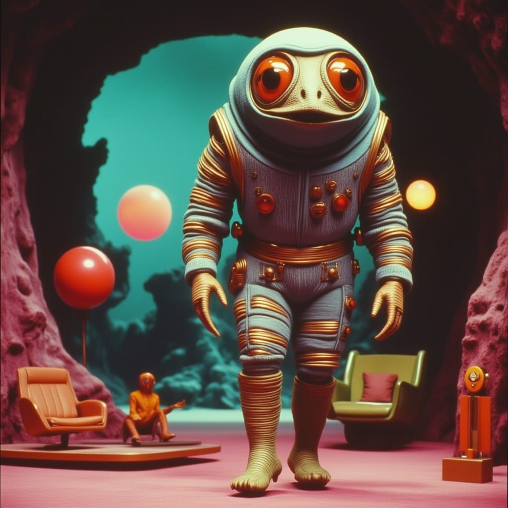 Retro-Futuristic Creature in a Smoky Alien Landscape