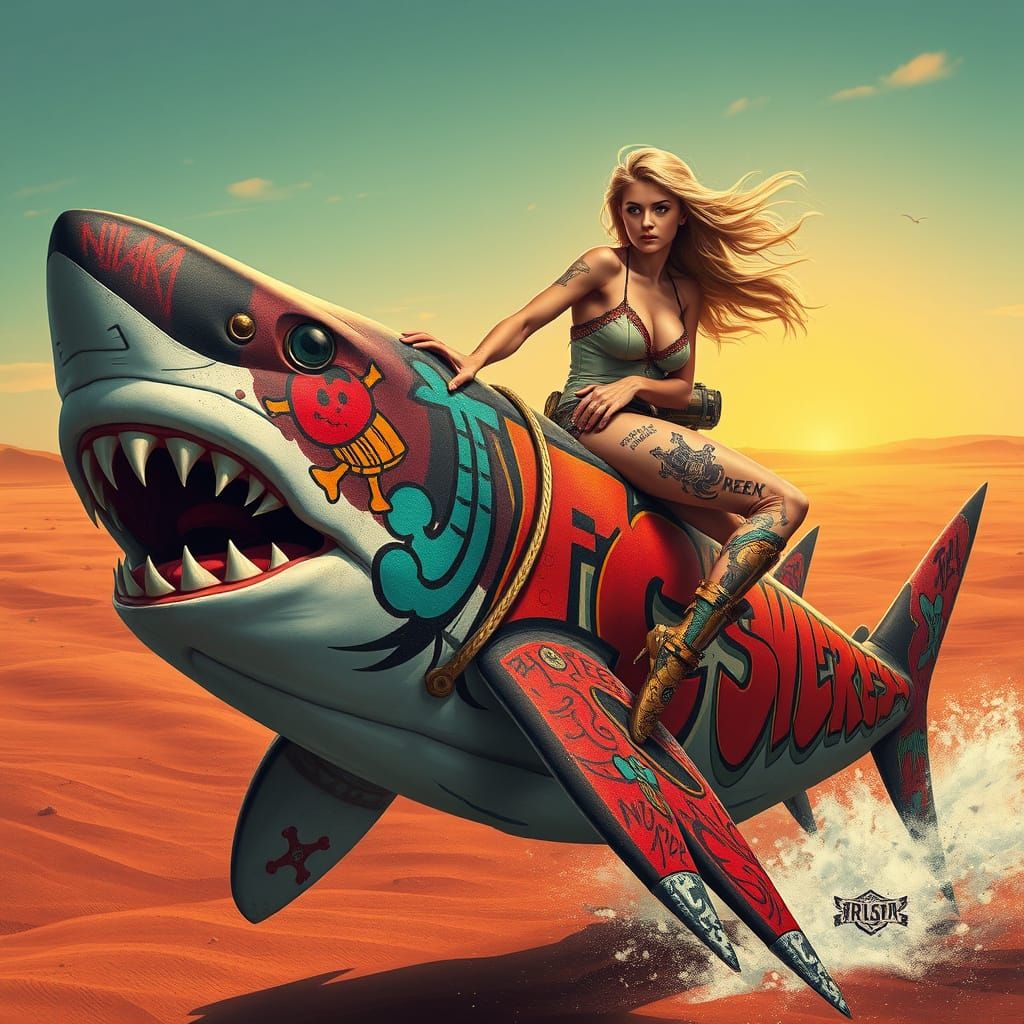 Woman Rides Graffiti Shark in Syd Mead Style