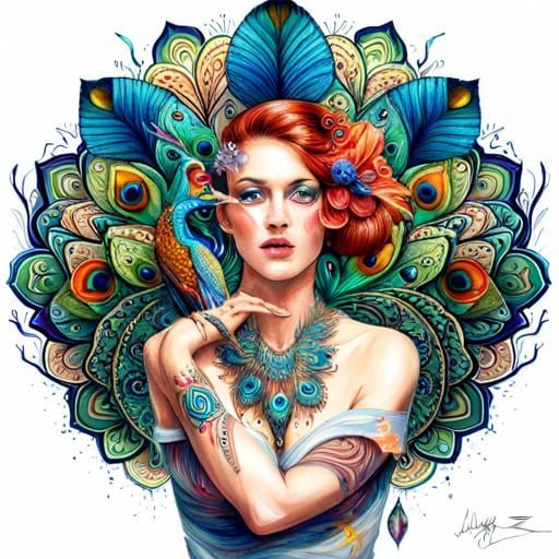 Bejeweled Peacock in Jungle, Hyperreal Splash Art