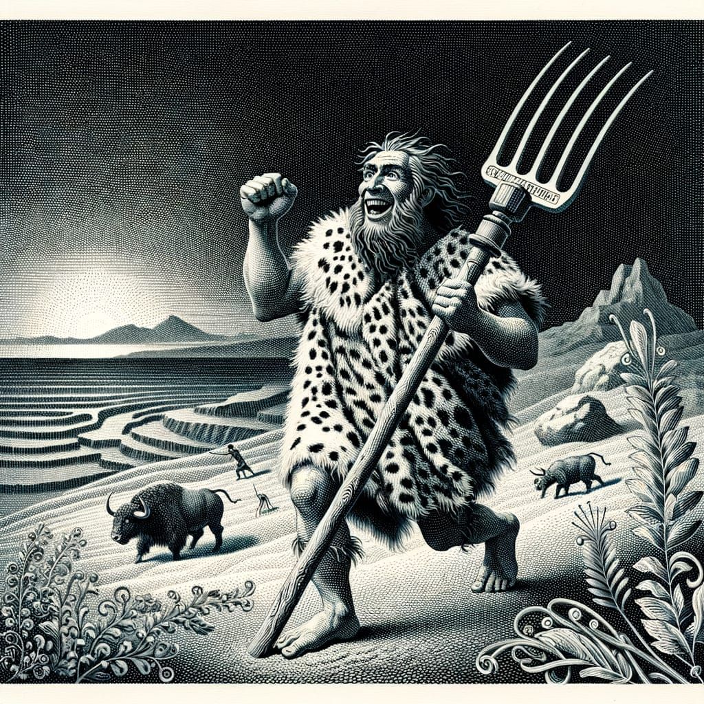 Caveman Celebrates Agriculture: Banknote Engraving Style