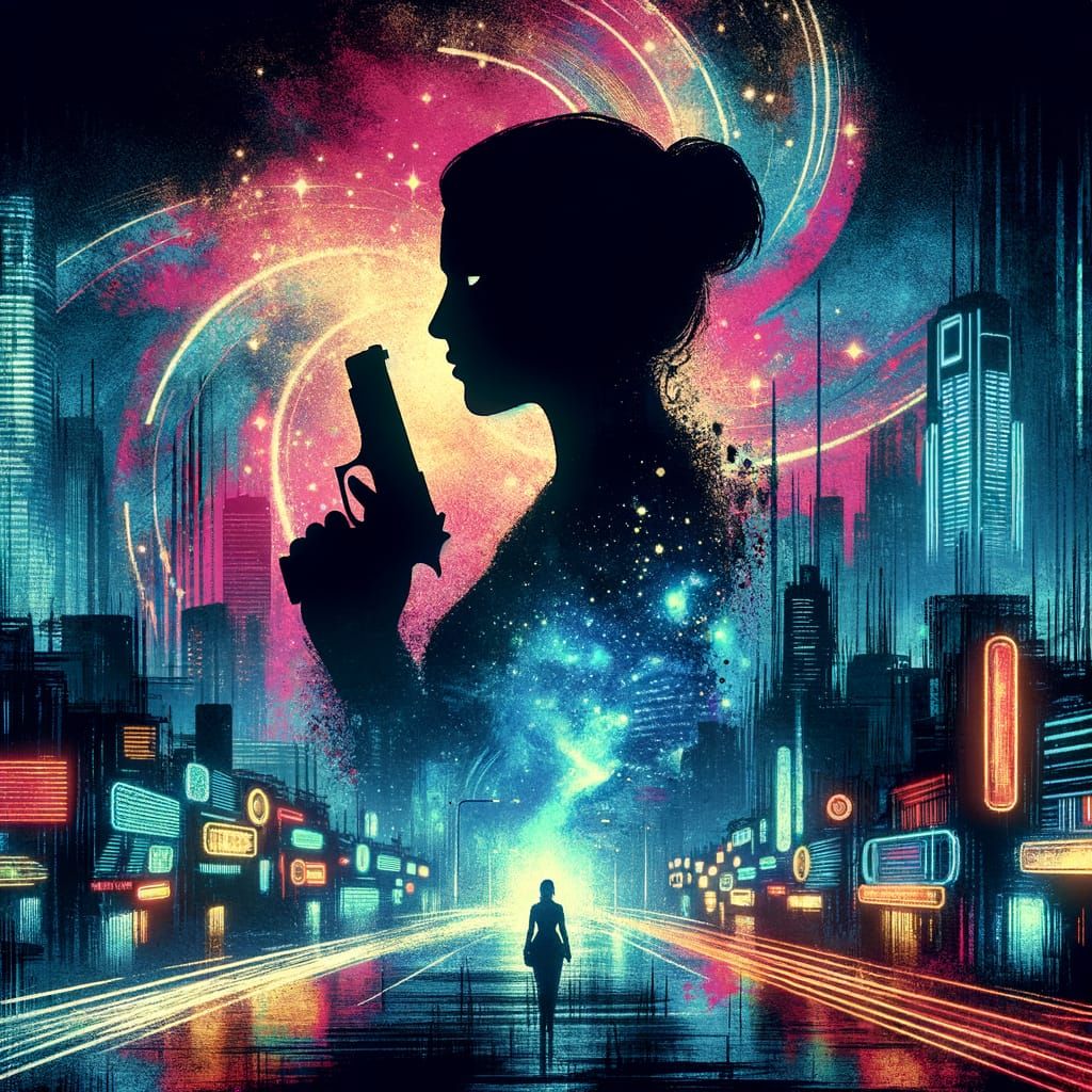 Neon Silhouette in Dystopian Cityscape: Grunge Art