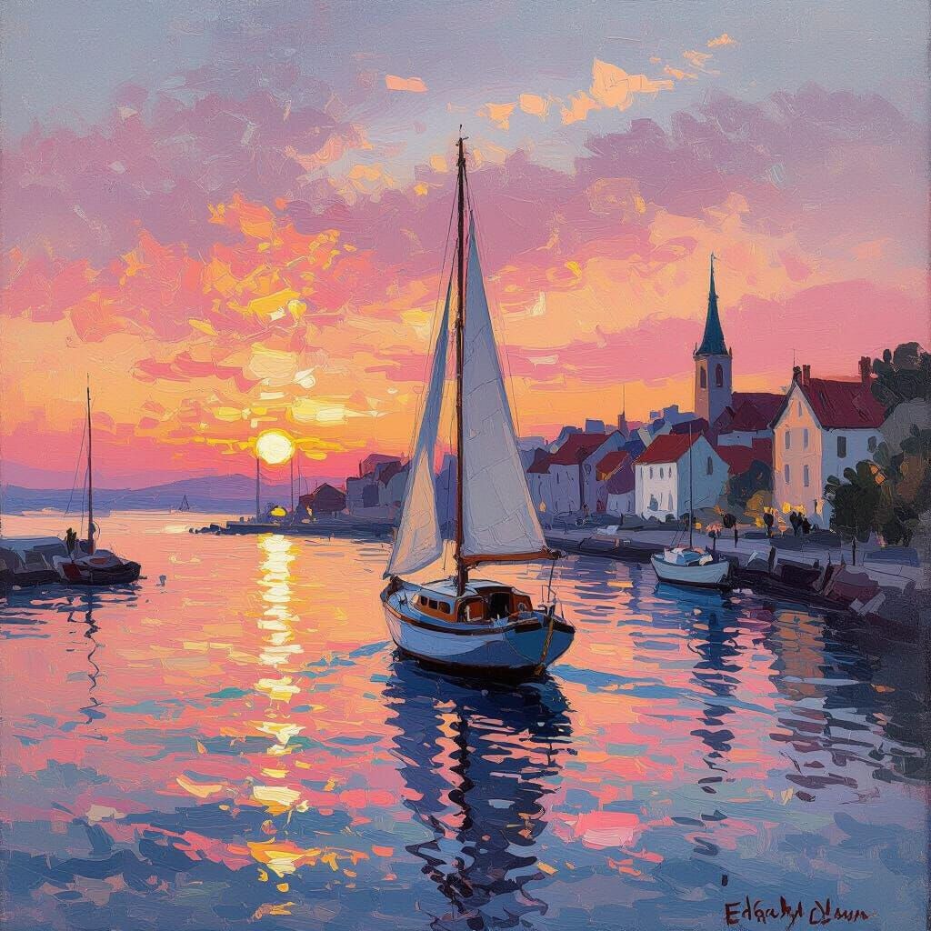 Sailboat Departs Harbor at Sunset in Impressionist Style