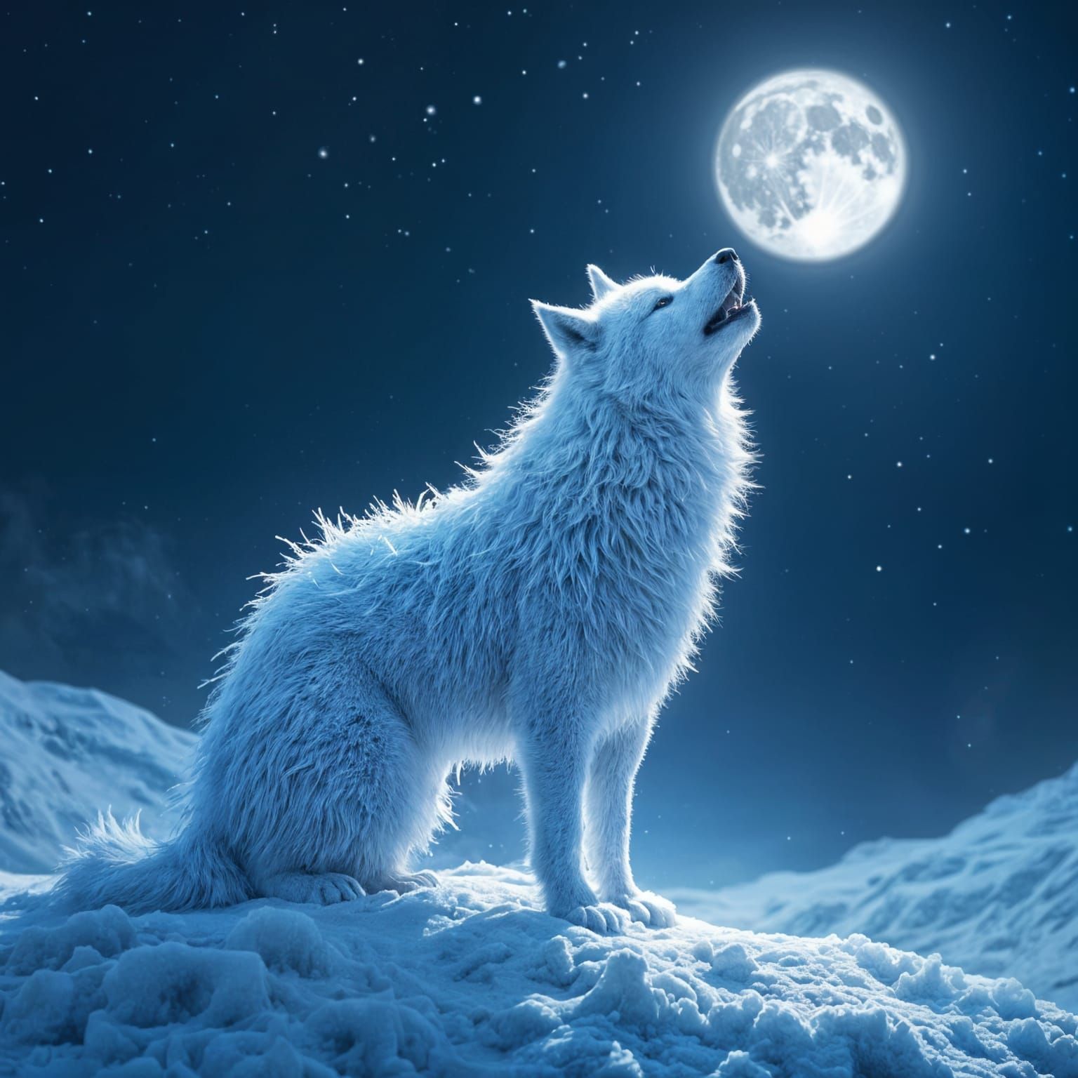 Snow Crystal Wolf Howling at Moonlit Sky