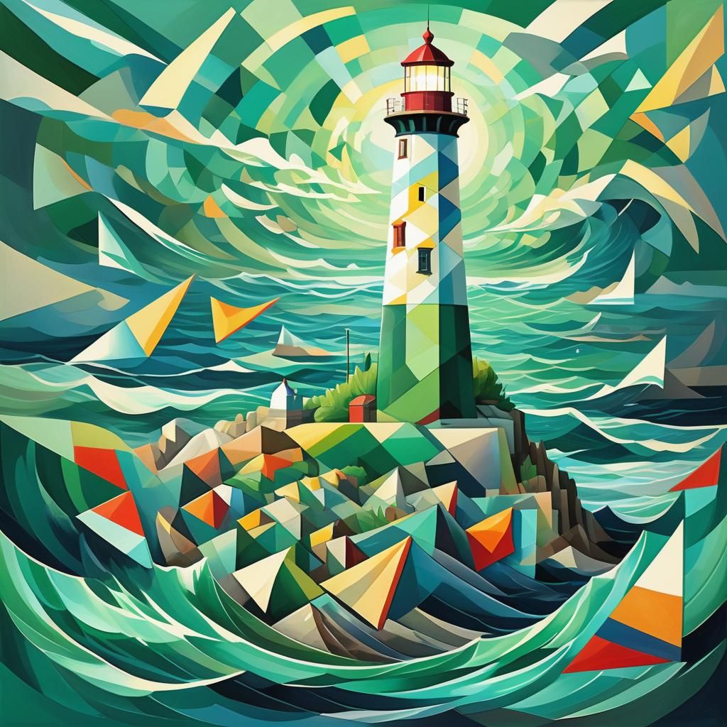 cubism of a lighthouse at sea