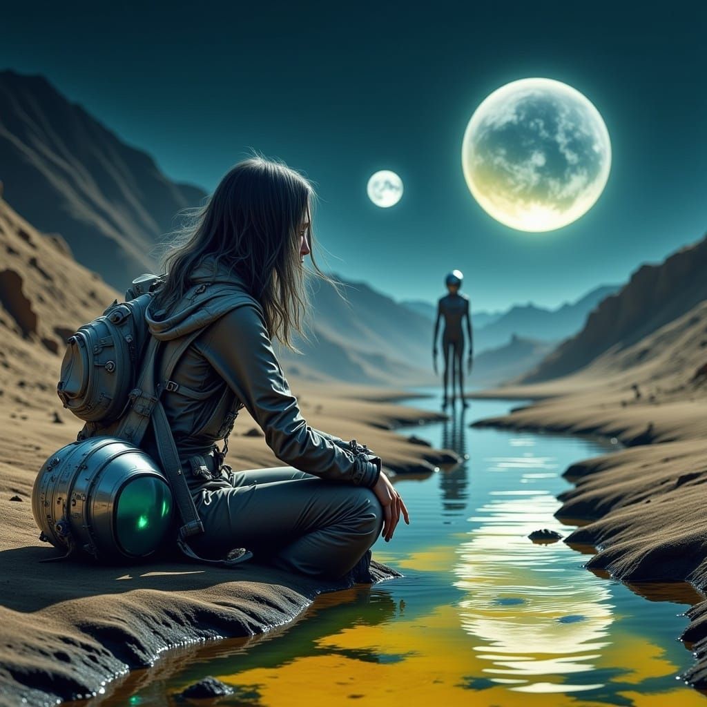 Astronaut Stranded on Alien Asteroid with Approaching Alien