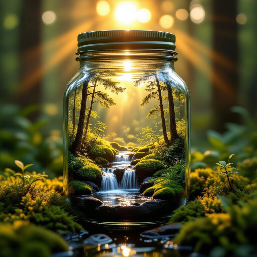 Forest Waterfall in a Mason Jar: Photorealistic Golden Hour
