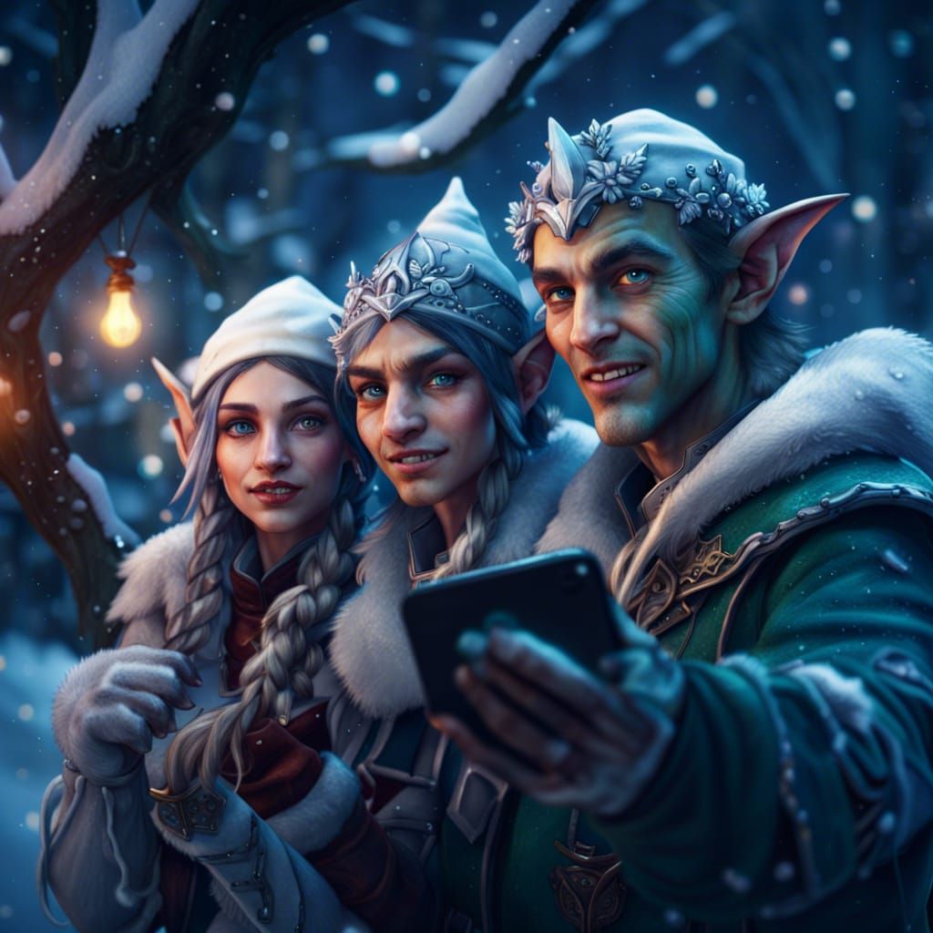 Elf Couple Captures Snowy Selfie: Detailed Matte Painting