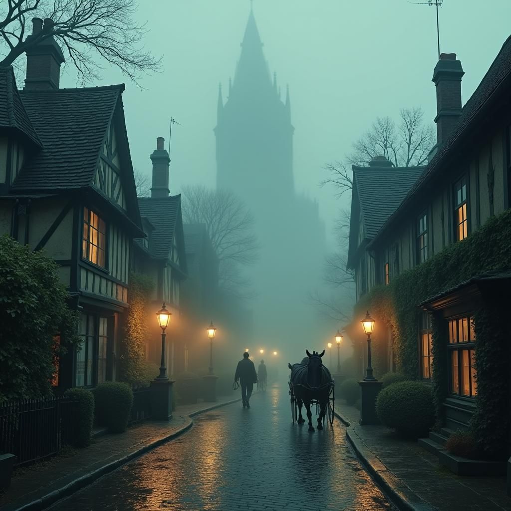 Victorian Village in Atmospheric Fog, Matte Painting Style