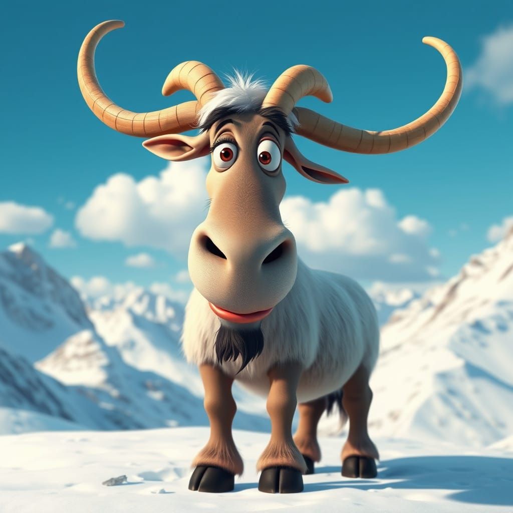 Whimsical Snow Gnu in 3D Cartoon Style