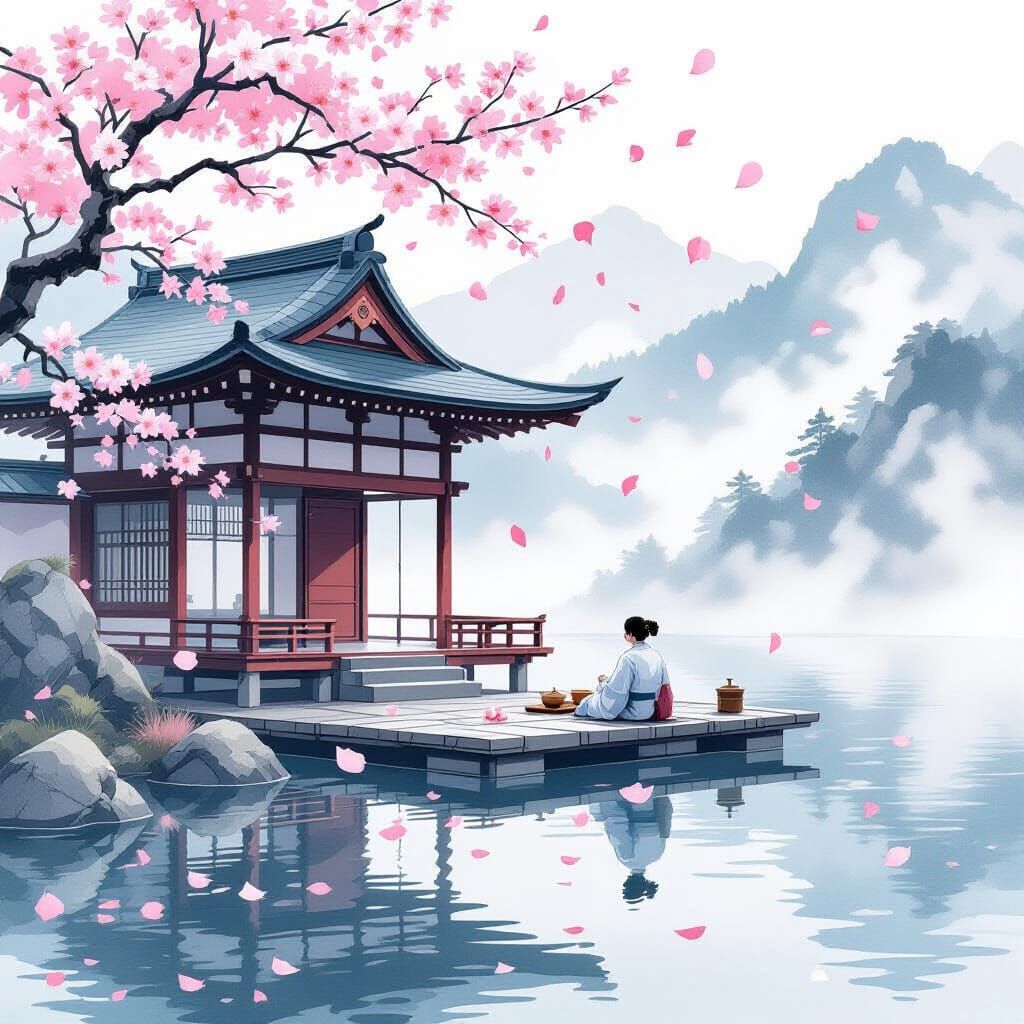 Tranquil Tea Ceremony on Floating Island in Ukiyo-e Watercol...