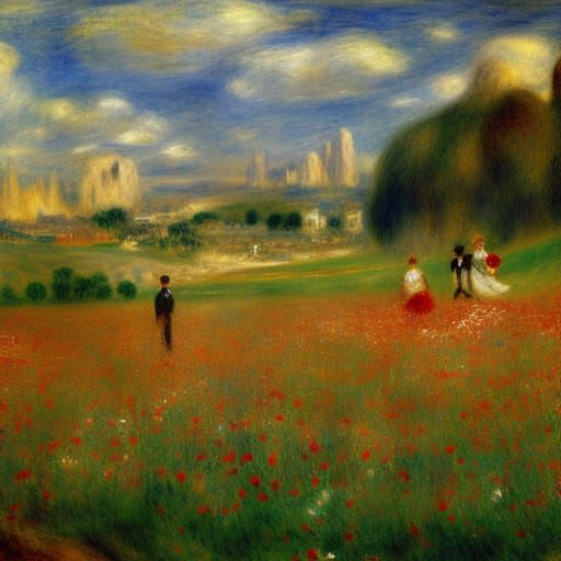 Lovers in Heart-Shaped Flower Field: Impressionistic Style