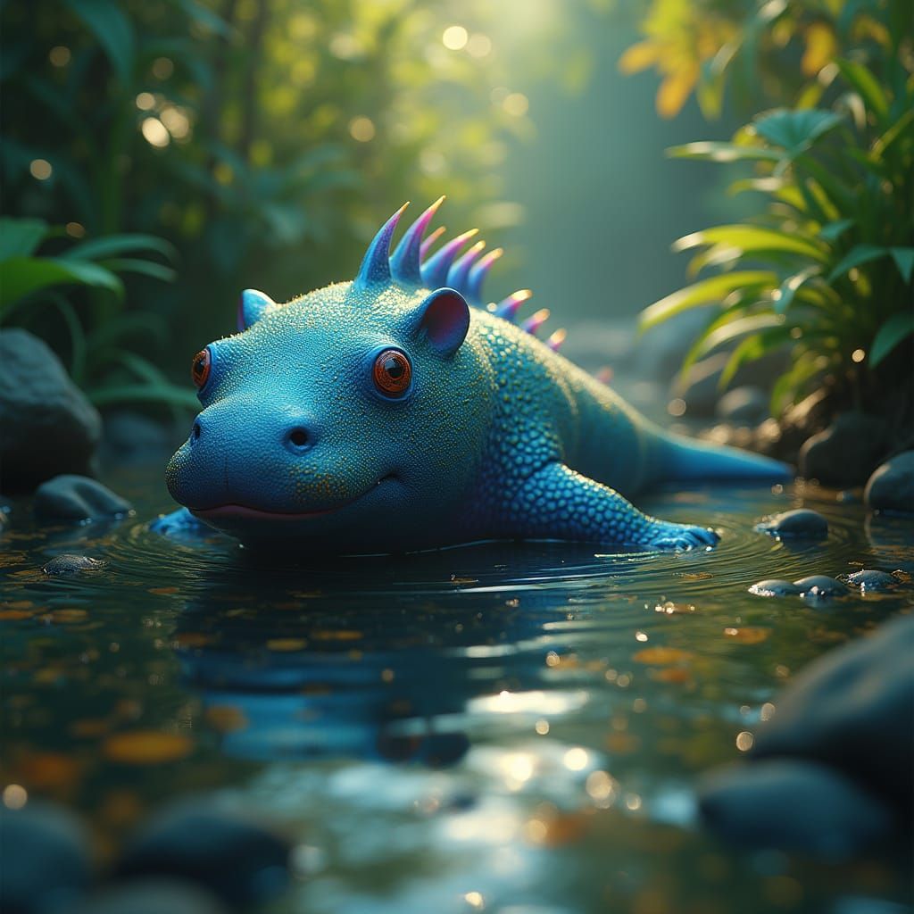 Axolotl-Capybara Hybrid in Fantasy River Setting