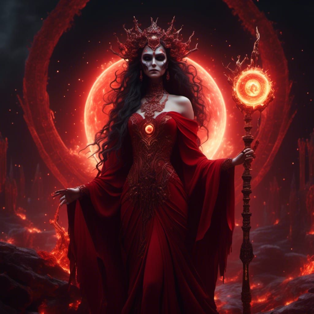 Goddess Hecate with Fiery Staff and Red Robes