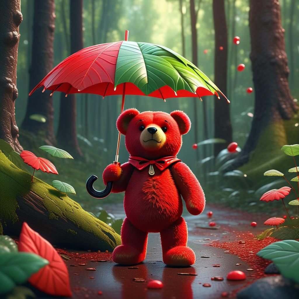Lonely Red Teddy Bear with Leaf Umbrella