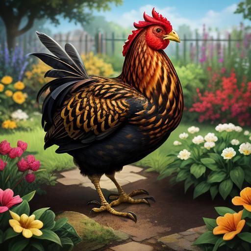 Hyperrealistic Chicken Portrait in Colorful Garden