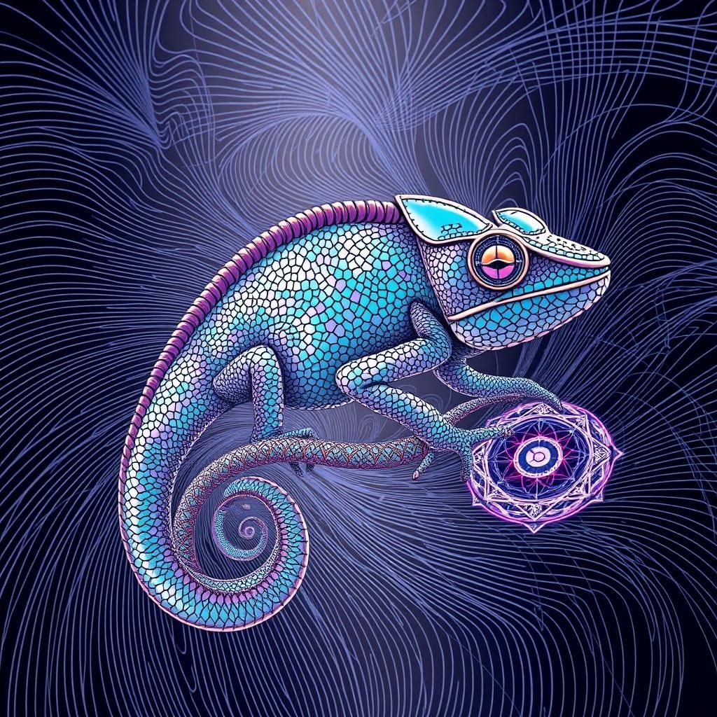 Iridescent Fractal Chameleon in Abstract Vector Art