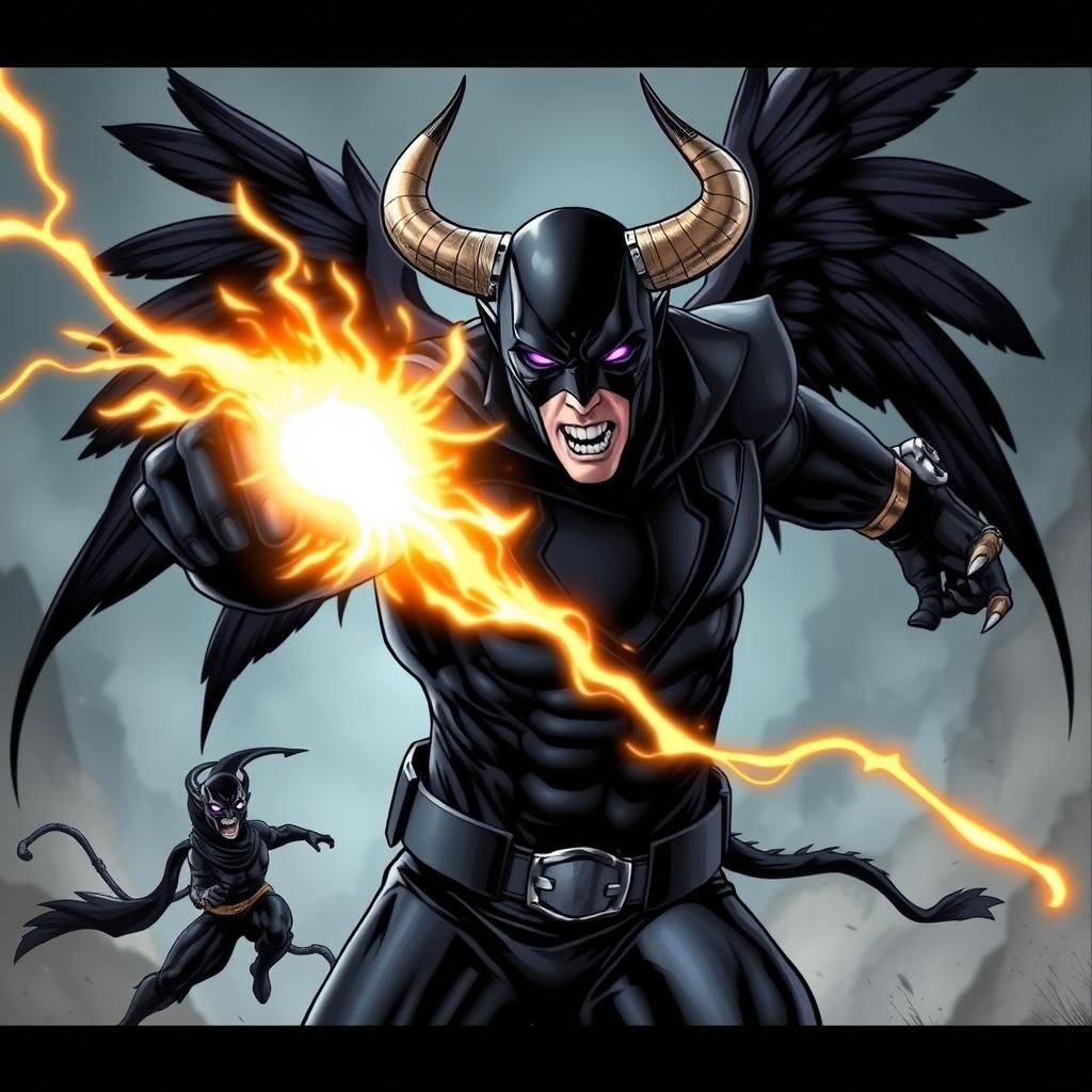 Superhero with Horns, Wings and Energy Ball