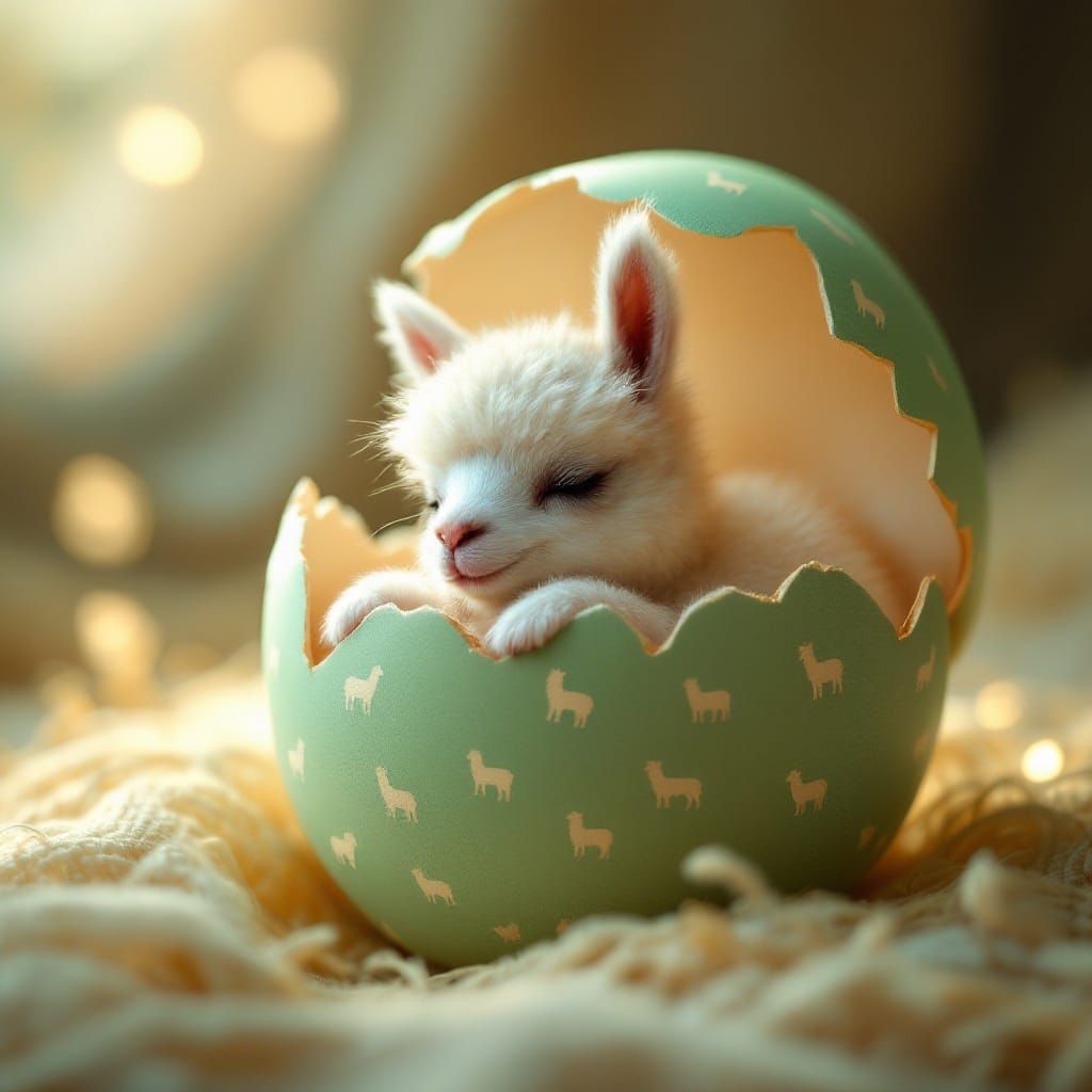 Llama Emerges from a Delicate Green Eggshell in a Dreamy Sce...