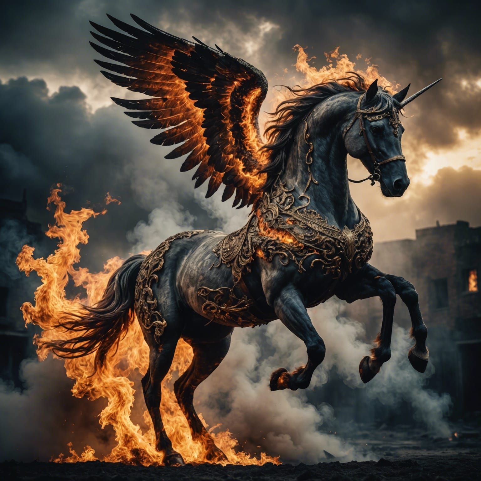 Fiery Pegasus Soaring Through Smoke