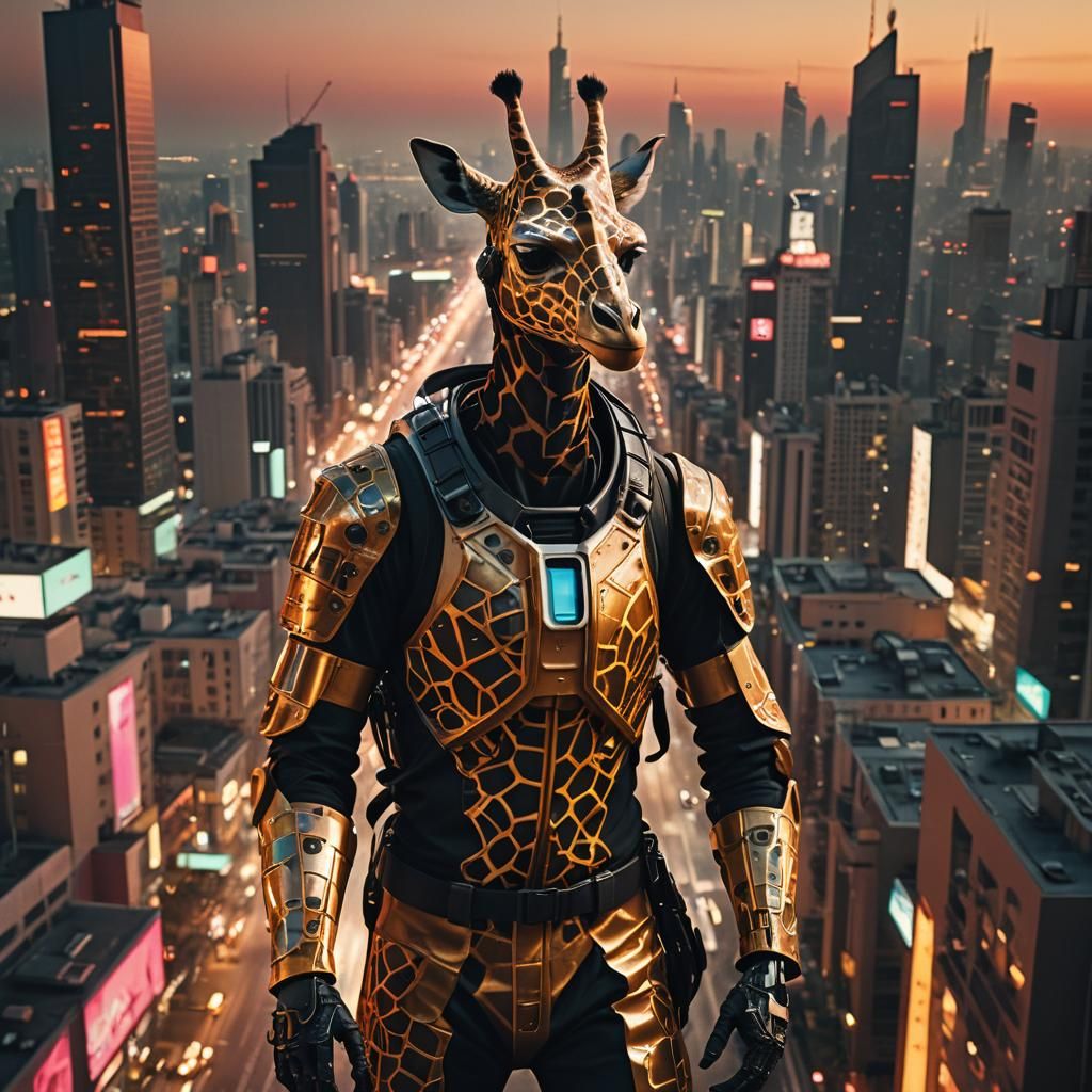 Giraffe Character in Futuristic Cityscape with Cinematic Lig...