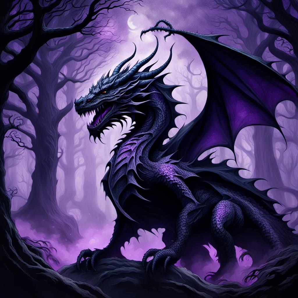 Black Dragon Lady in Ominous Forest, Gothic Horror