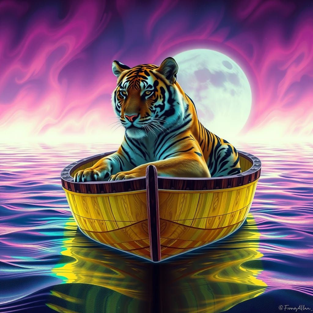 Surreal Tiger Embarks on Ethereal Voyage Across Glowing Wate...