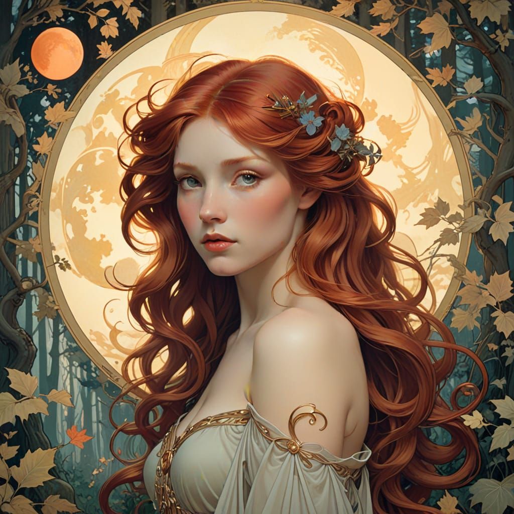 Red-Haired Moon Goddess in Art Nouveau Style