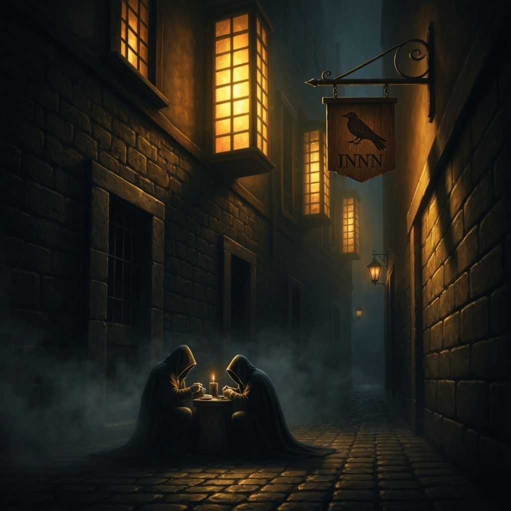 Dark Fantasy Painting of Cloaked Figures in Alley