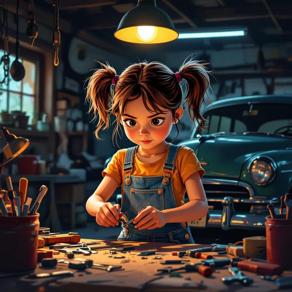 Young Girl Fixing Vintage Car in Garage