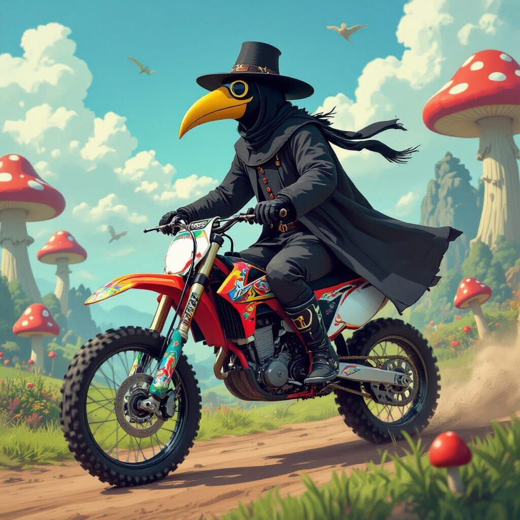 Plague Doctor Rides Motocross in Mushroom Kingdom