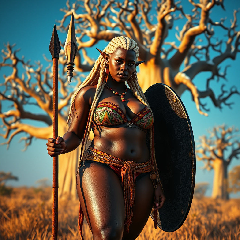 African Elf Warrior in Snowy Savannah, Digital Art