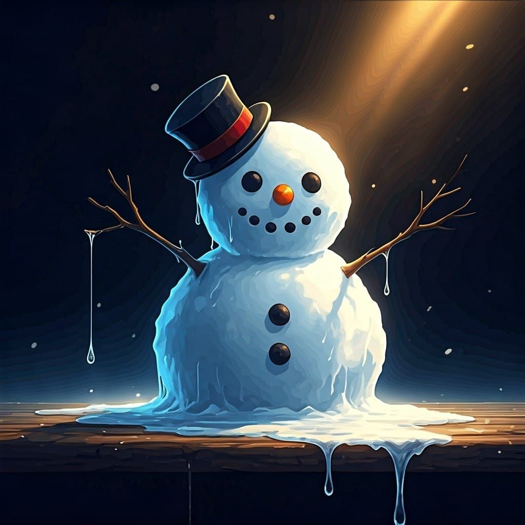 Snowman Melting in Vibrant Anime Style