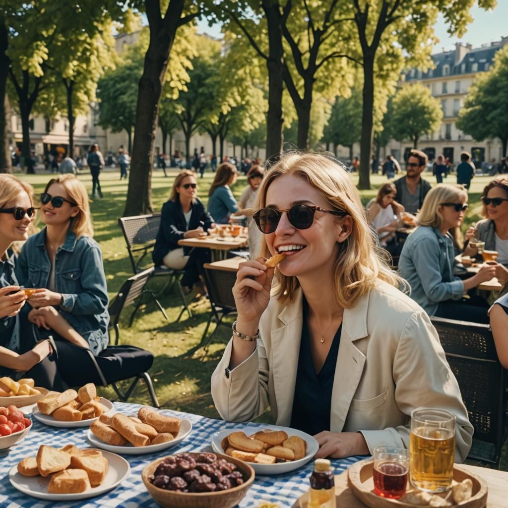 Paris Picnic: Woman Enjoys Wine and Rising Fortunes