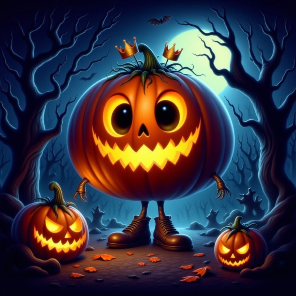 Cute Pumpkin King in Spooky Forest Night