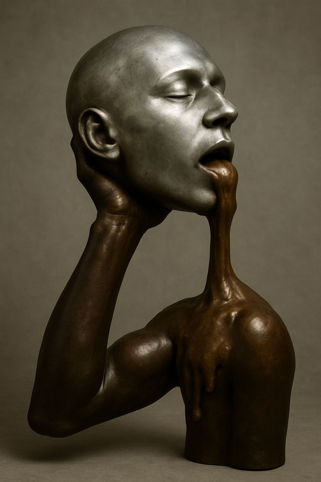 Surreal Bronze Sculpture: Arm and Melting Silver Head