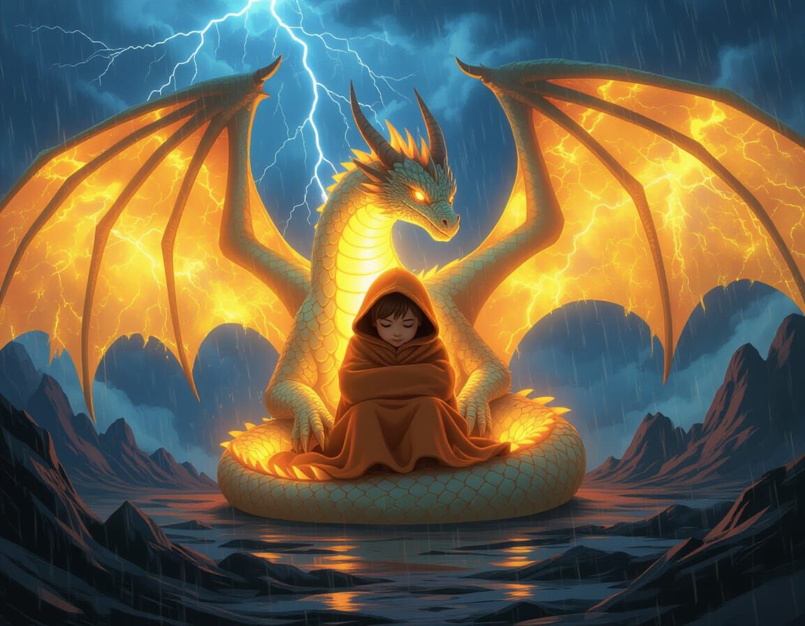 Child Protected by Bioluminescent Dragon in Surreal Landscap...