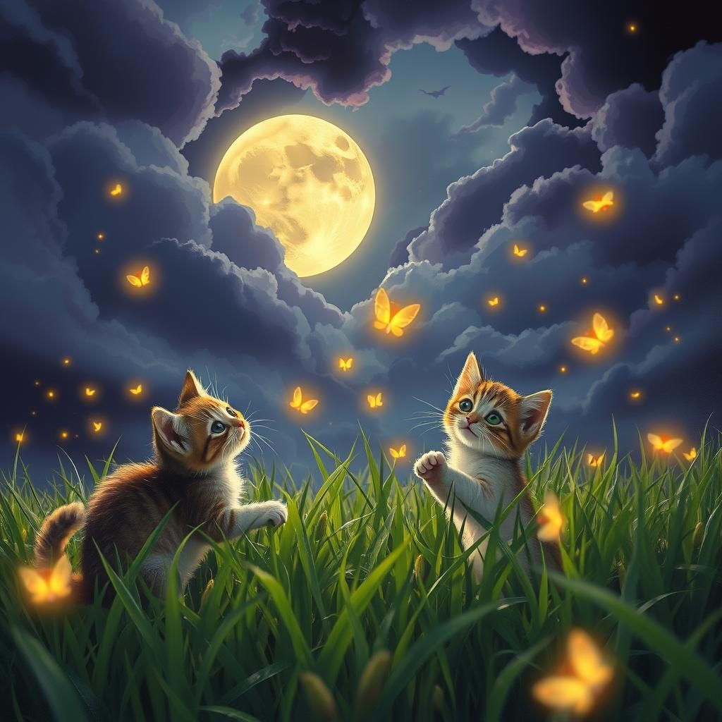 Kittens Play Under a Magical Moonlit Sky