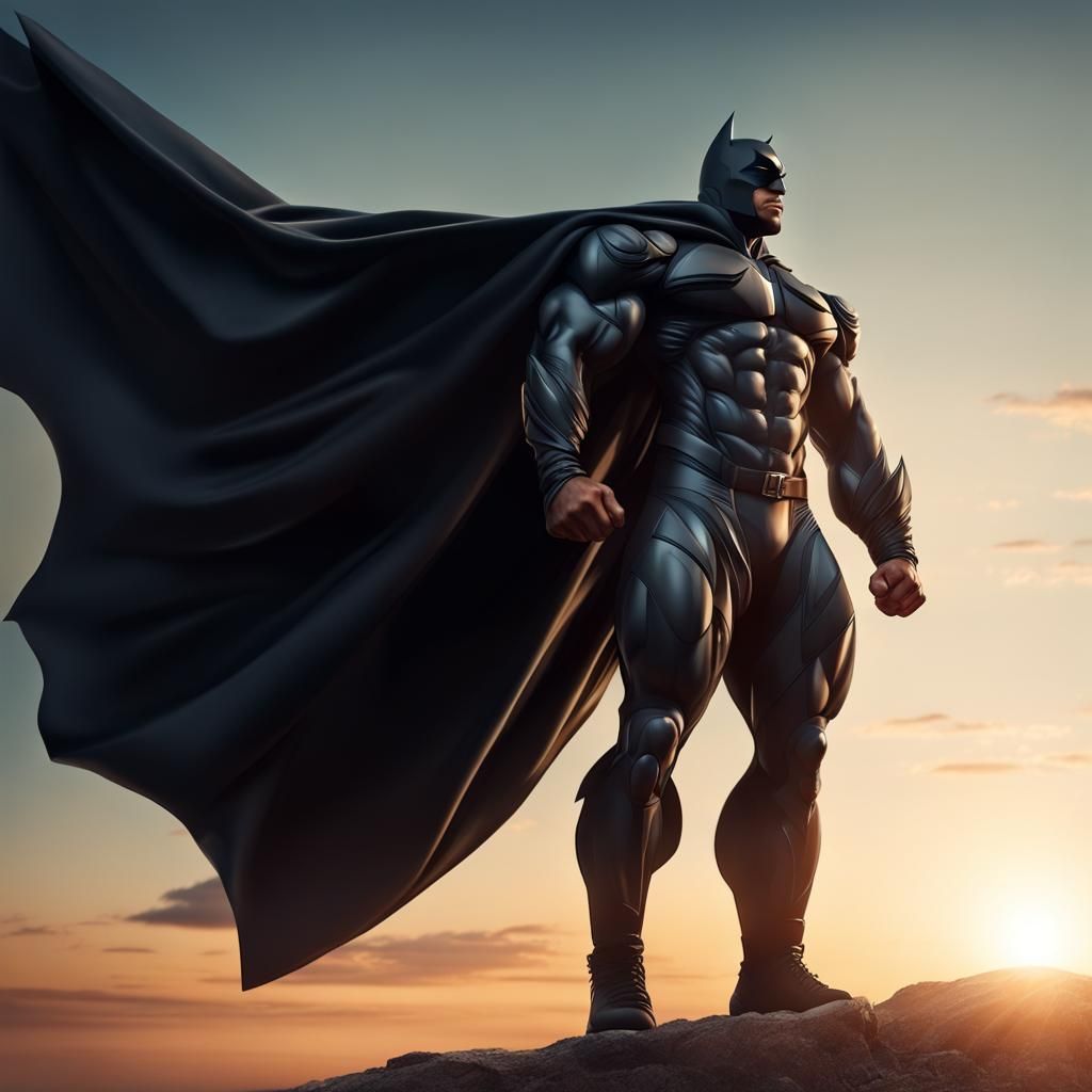 Futuristic Bodybuilder in Cape at Sunrise