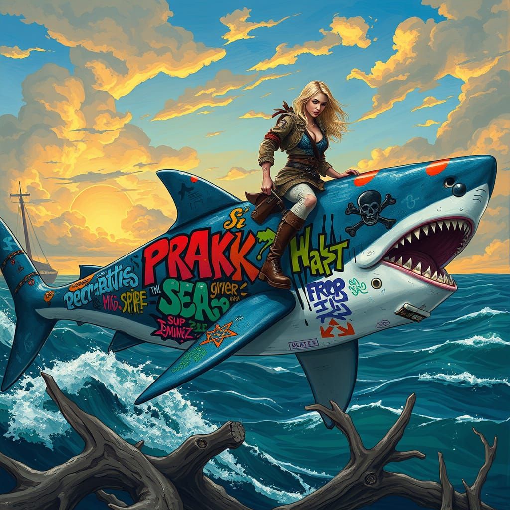Woman Rides Graffiti Shark in Surreal Ocean Art