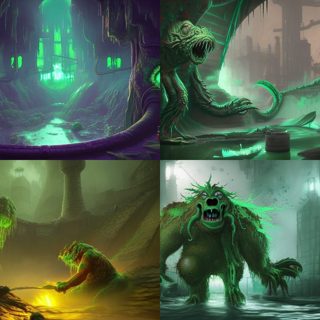 Green Acid Monster in Sewer: Detailed Digital Painting