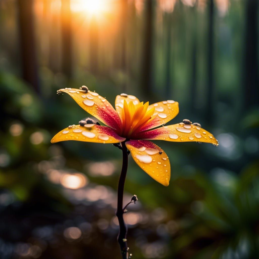 Wet Flower in Forest at Sunrise: Close-up