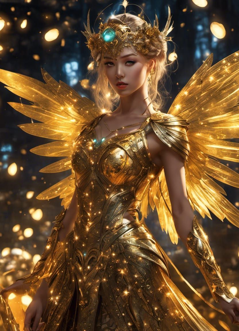 Golden Fairy Warrior with Glitter Wings