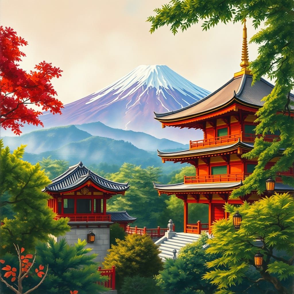 Breathtaking Japanese Temple in Vibrant Gouache Style near M...