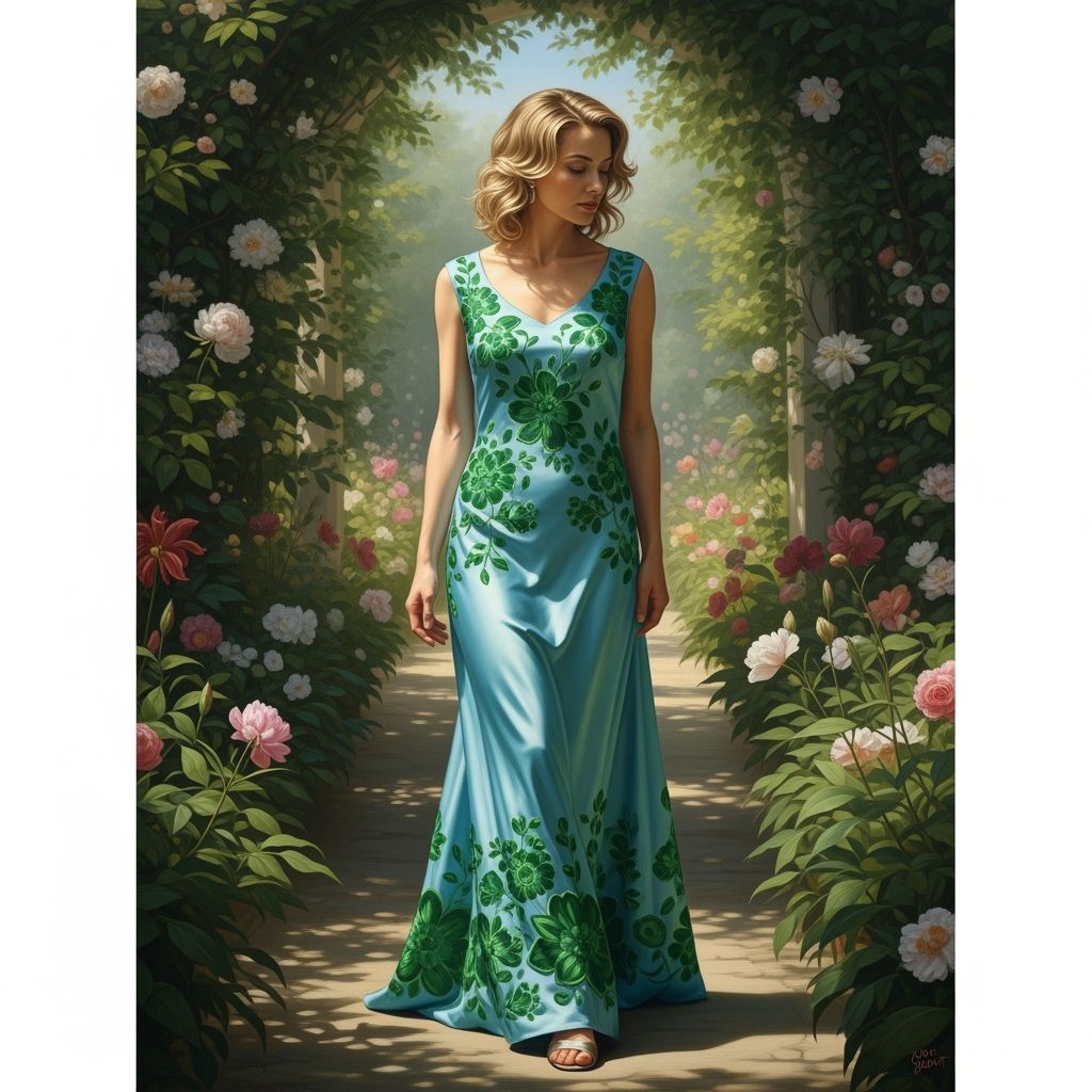 Elegant Woman in Floral Dress Strolling Through Garden